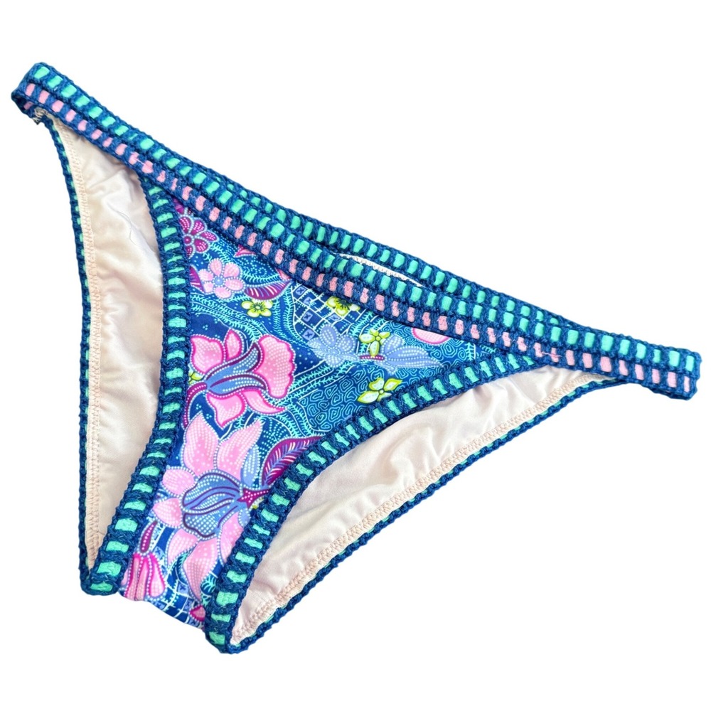 Victoria's Secret Bikini Bottoms Floral Crochet Trim Blue‎ Pink Size M